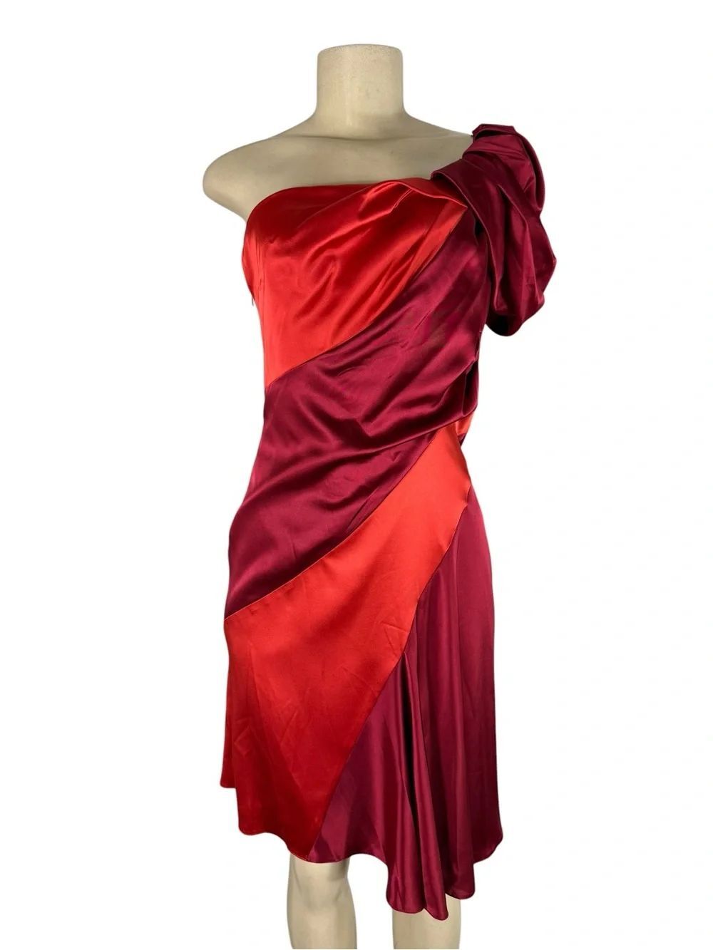 KAREN MILLEN Red & Berry One-Shoulder Satin Cocktail Dress - Picture 3 of 6
